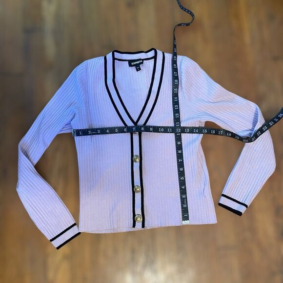 Express Pink Ribbed V-Neck Cardigan Black Trim Gold Buttons Classic Elegant Med - Picture 8 of 13